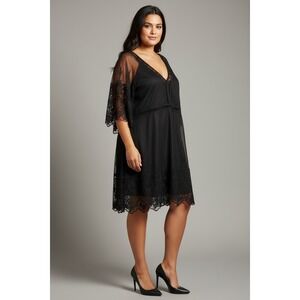Boohoo Black Lace Plus Size 18 Flutter Short Sleeve V Neck Midi Dress